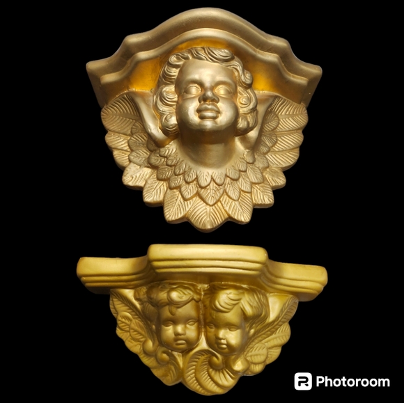 Vintage MCM Hollywood Regency Cherub Angel Wall Shelf Scone Corbel Plaster Gold - Picture 12 of 12